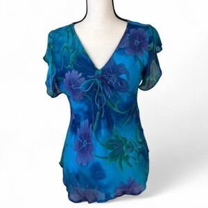 Phool Blue Floral Sheer Tie Front Top